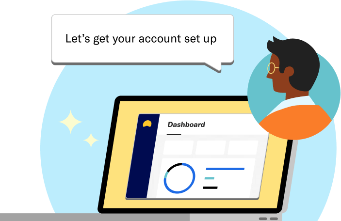 A laptop with New Wealth Capital Management dashboard on the screen, next to a floating headshot of a financial advisor who is saying let’s get your account set up. 