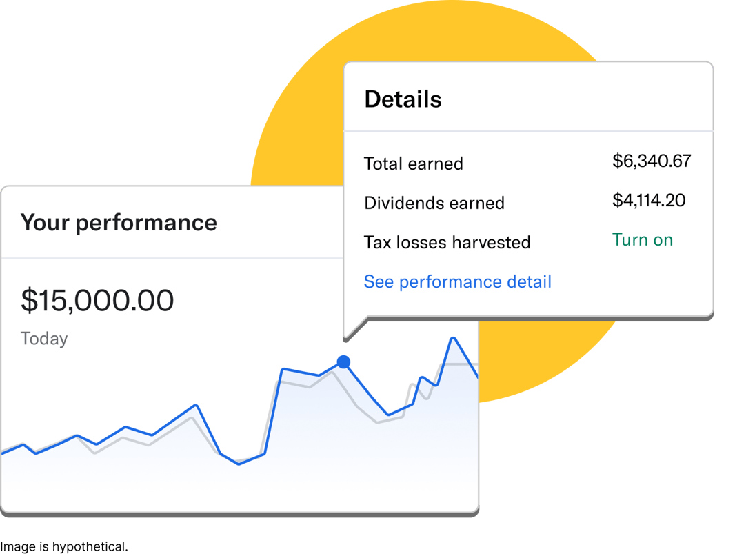 An example of a performance graph in the New Wealth Capital Management app, with total earnings, dividends, and tax losses harvested highlighted.