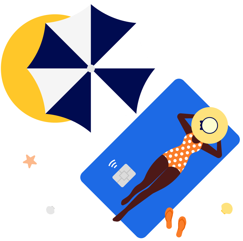 A woman lying on a beach on top of a New Wealth Capital Management debit card.