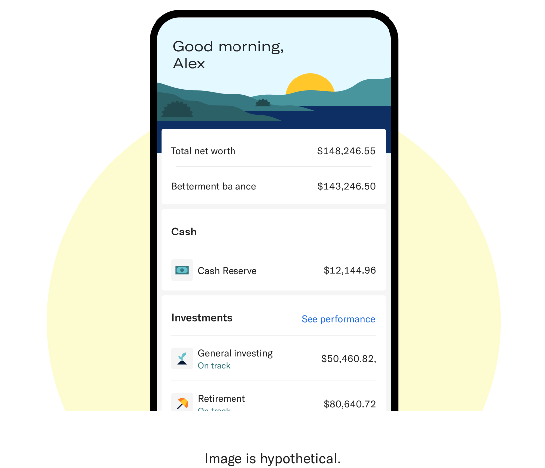 Phone with New Wealth Capital Management account home screen showing total net worth, balance fir cash reserve, general investing, and retirement accounts